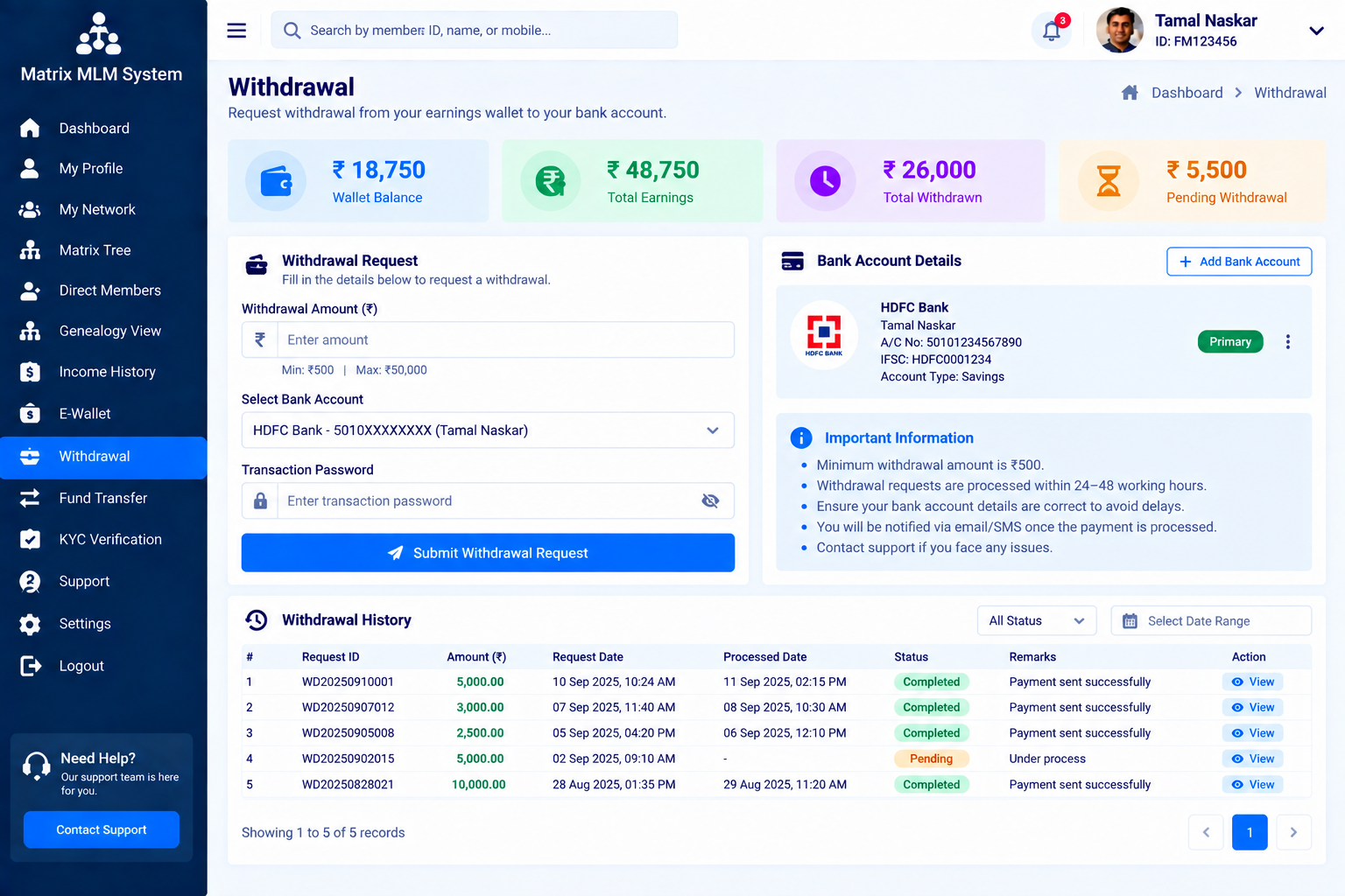Forced Matrix MLM Admin Dashboard